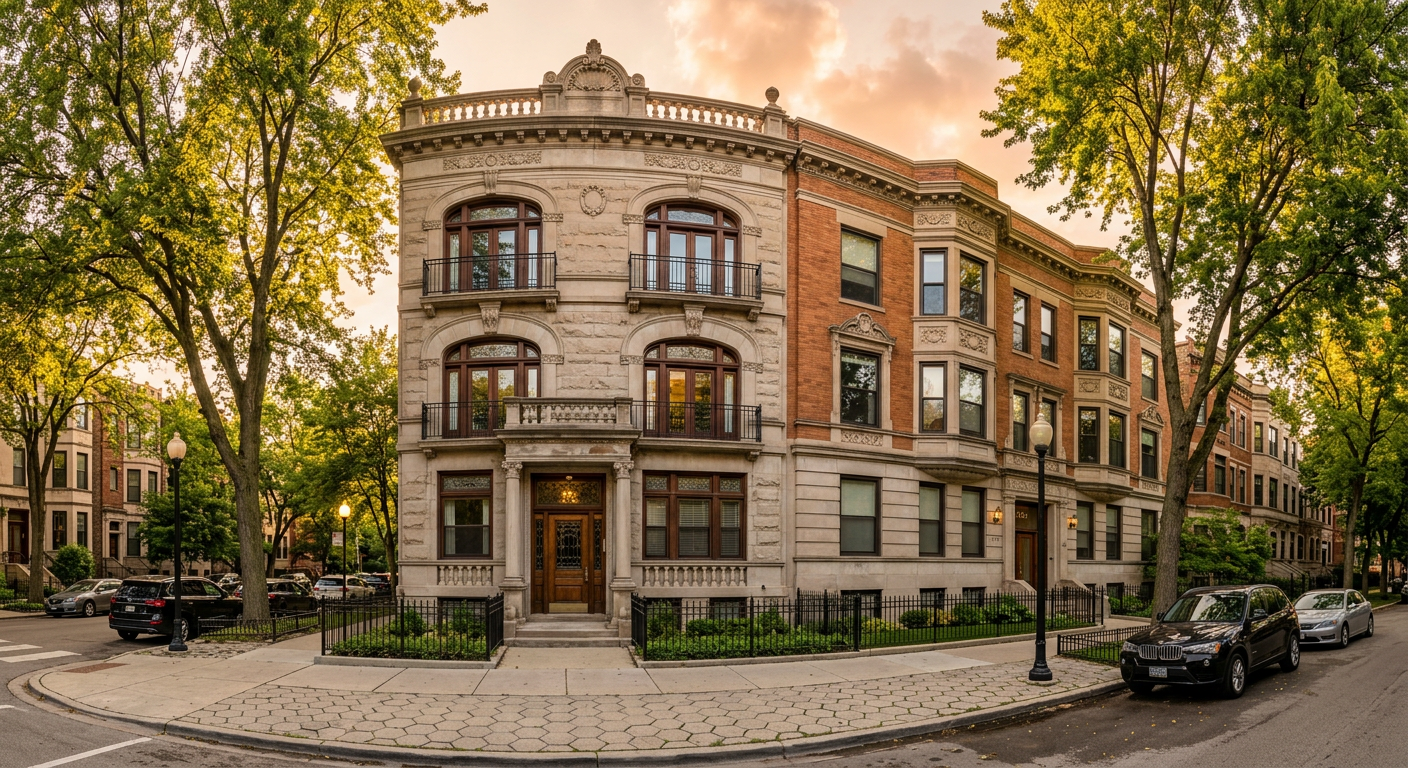 Classic Chicago greystone residential building at golden hour