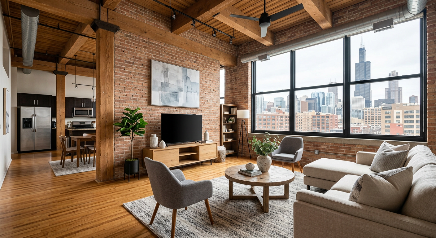 Bright Chicago loft apartment with exposed brick and large windows