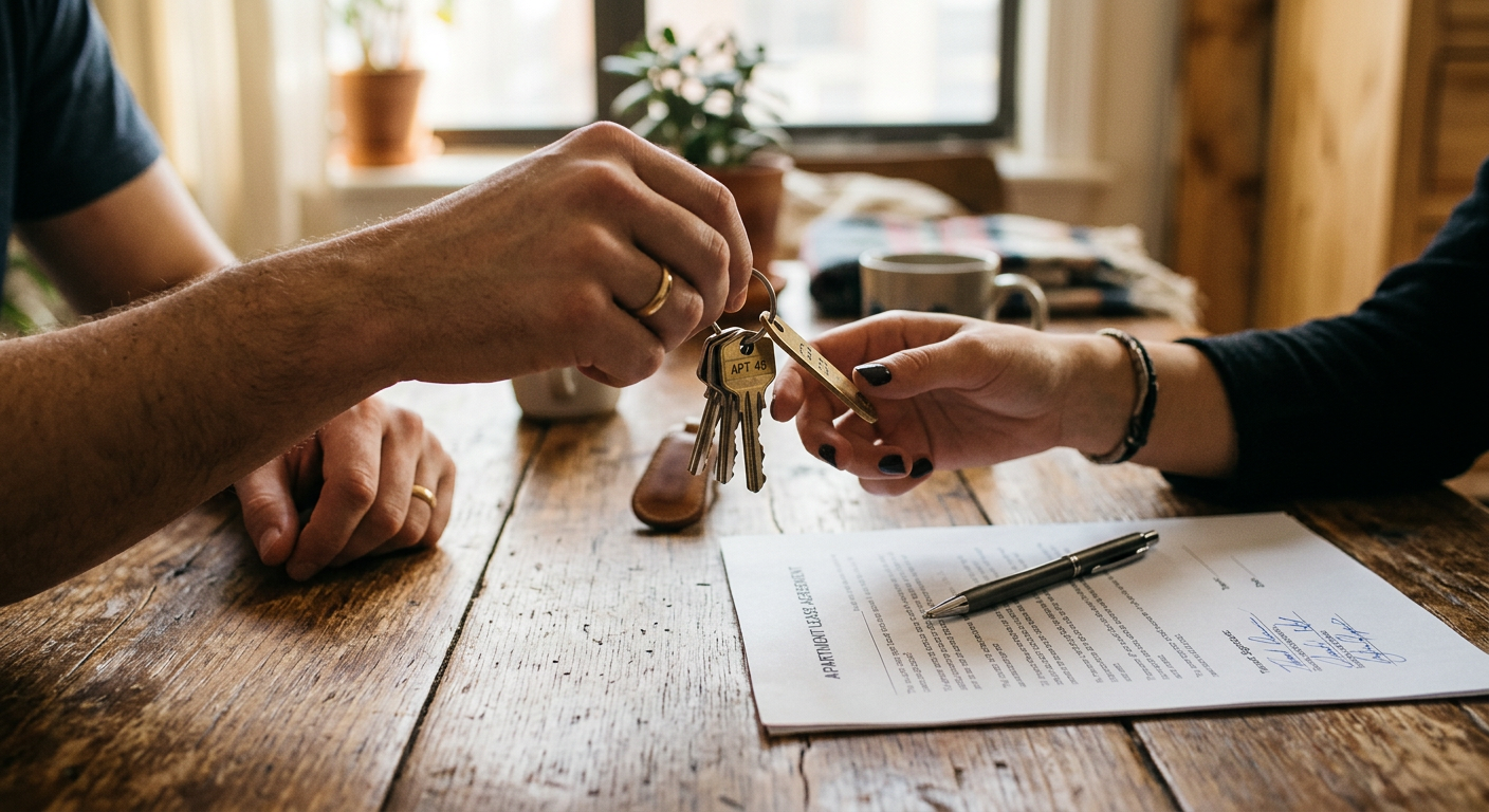 Apartment keys being handed over beside a signed lease